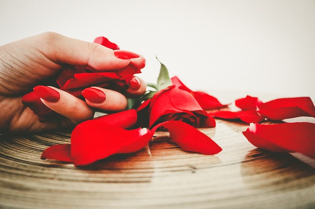 červené nehty a růže
